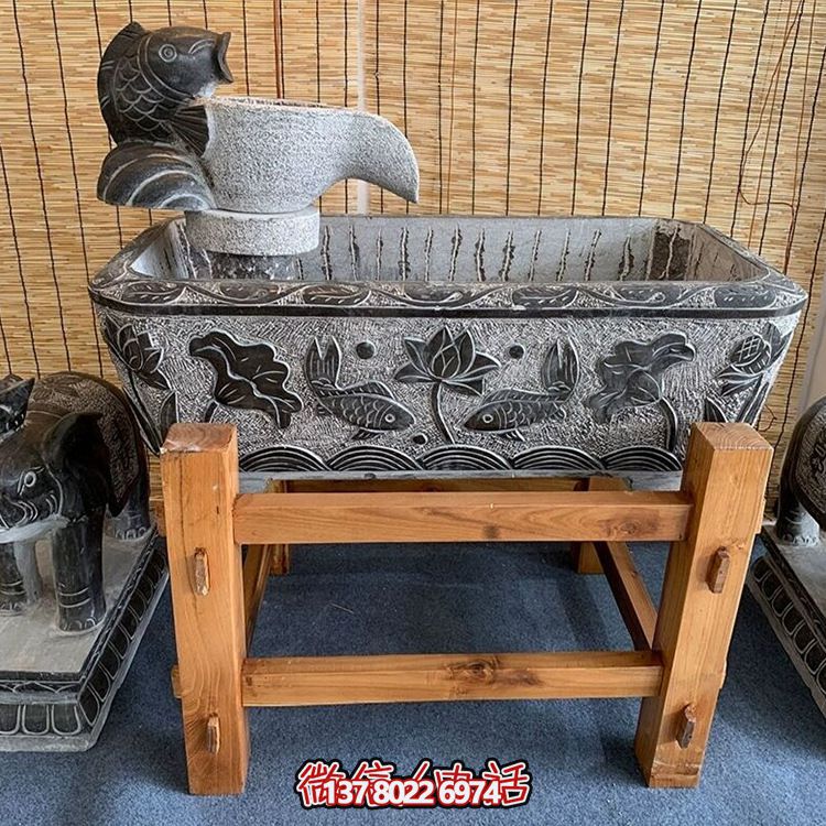 青石仿古长方形庭院荷花流水鱼缸雕塑 青石仿古长方形庭院荷花流水鱼缸雕塑