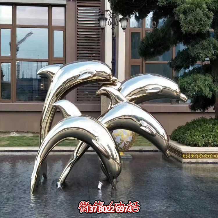 镜面不锈钢海豚喷泉雕塑水景