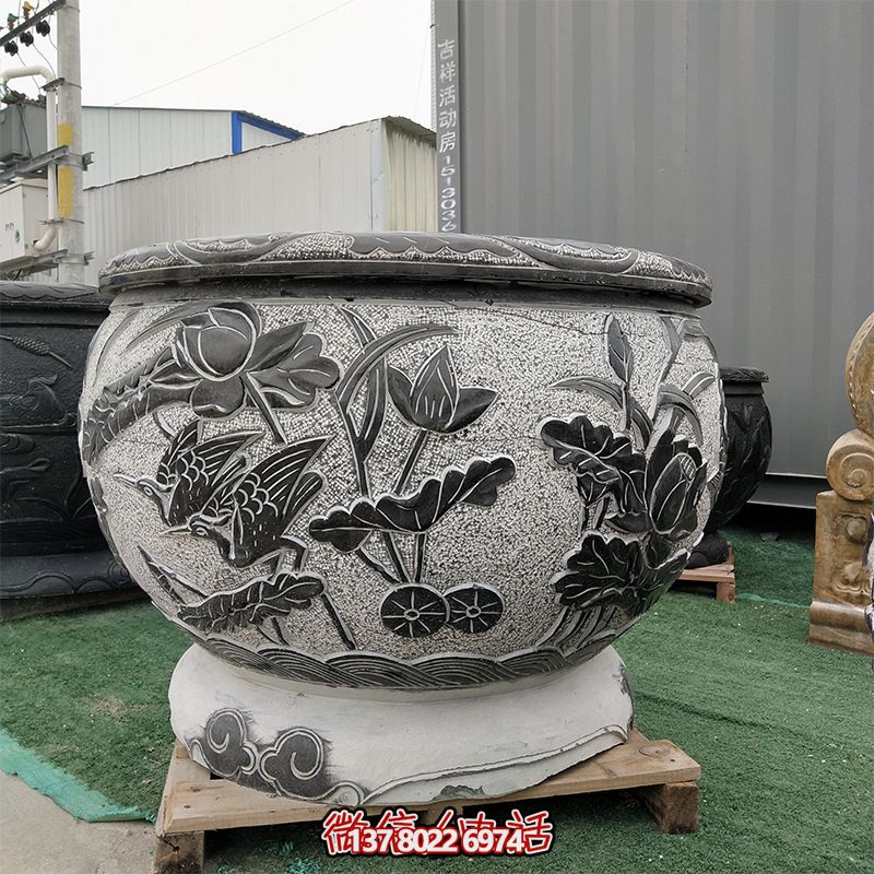 青石仿古石雕园林庭院浮雕莲花缸雕塑
