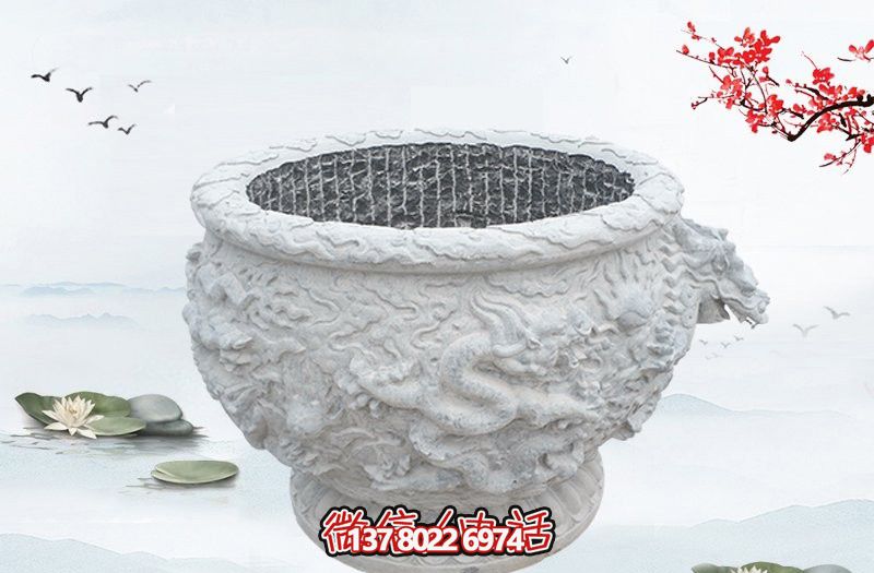 汉白玉石雕龙浮雕水缸雕塑，为庭院增添优雅气息
