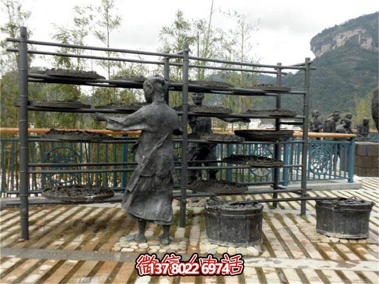 玻璃钢仿真茶文化雕塑，大型户外晒铜人物