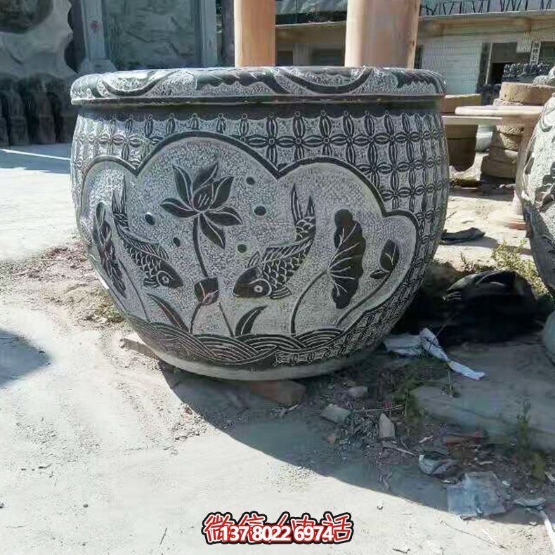 青石双鱼莲花雕塑,养花缸精美装饰 青石双鱼莲花雕塑,养花缸精美装饰