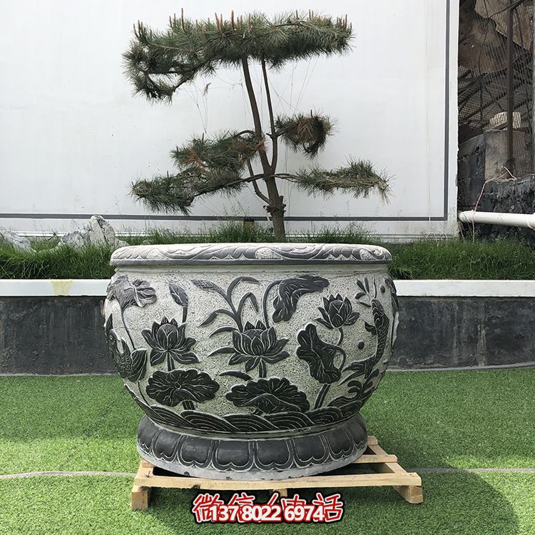 园林大理石石雕浮雕莲花水缸雕塑 园林大理石石雕浮雕莲花水缸雕塑